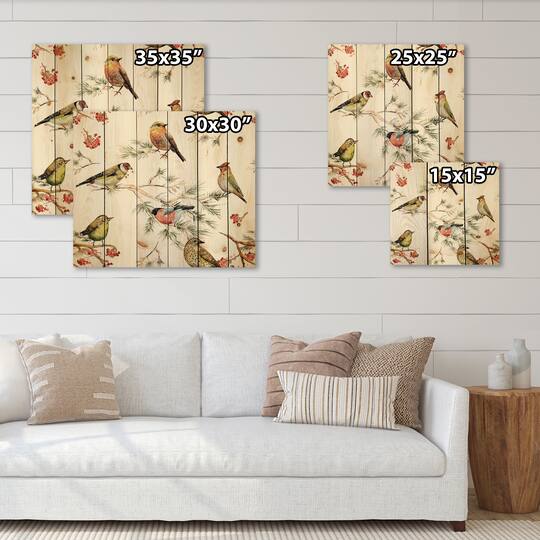 Designart - Forest Birds On Branches - Traditional Print on Natural Pine Wood